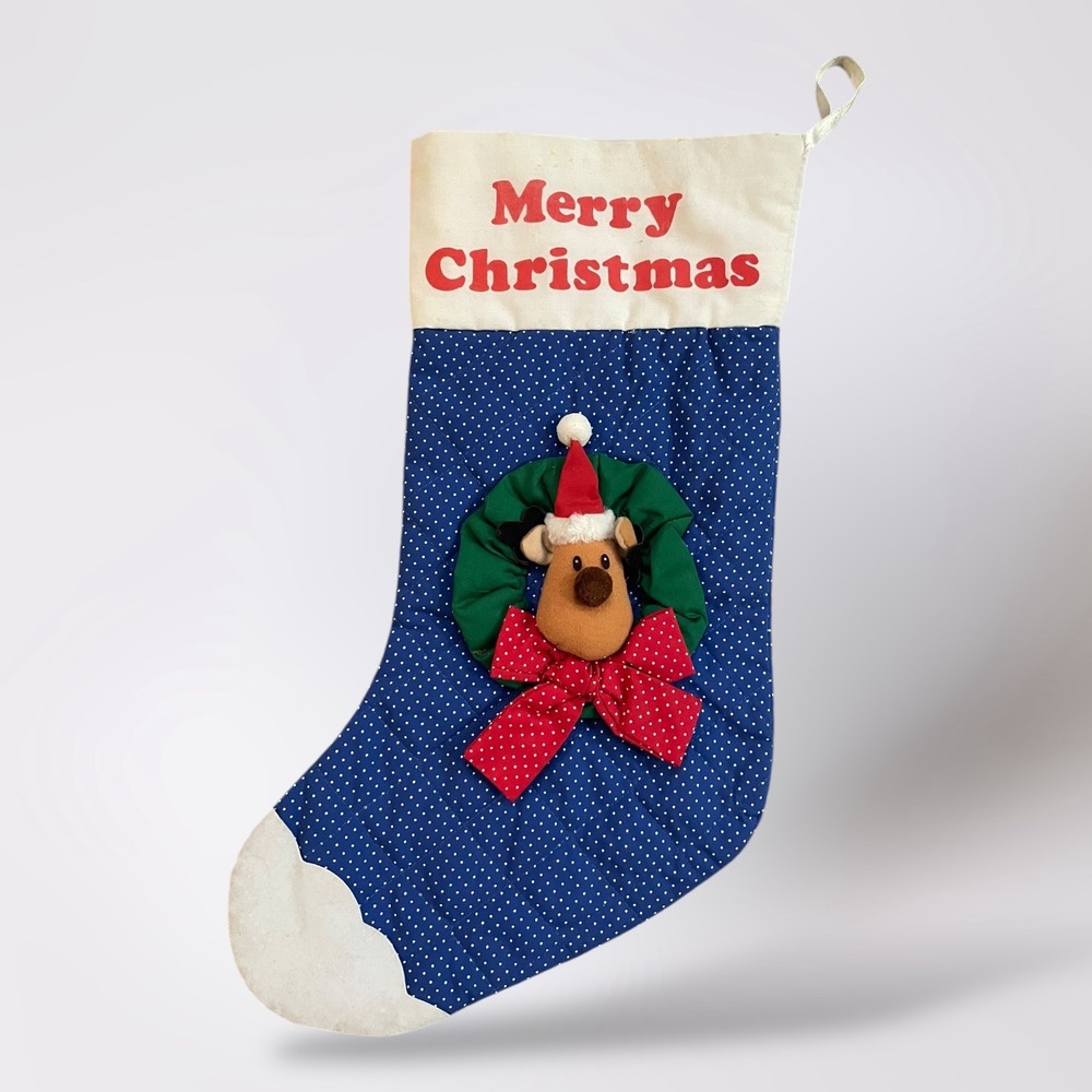 Russ Christmas Stocking‎ Blue Polka Dot Reindeer Wreath Merry Christmas Holiday